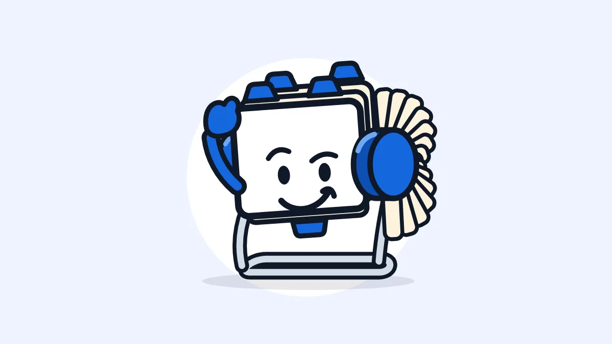 ContactRoll’s mascot, a friendly rotary card file with a face on its front card, waving goodbye with one hand.