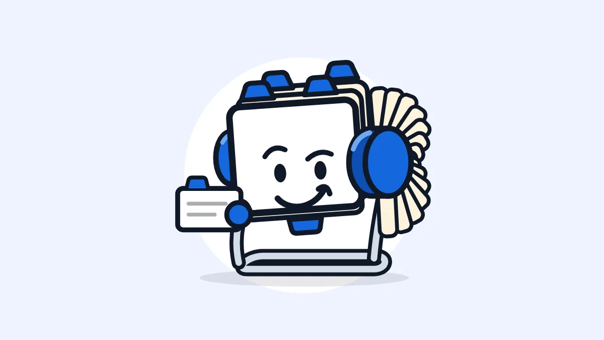ContactRoll’s mascot, a friendly rotary card file, holding out an index card with one hand.