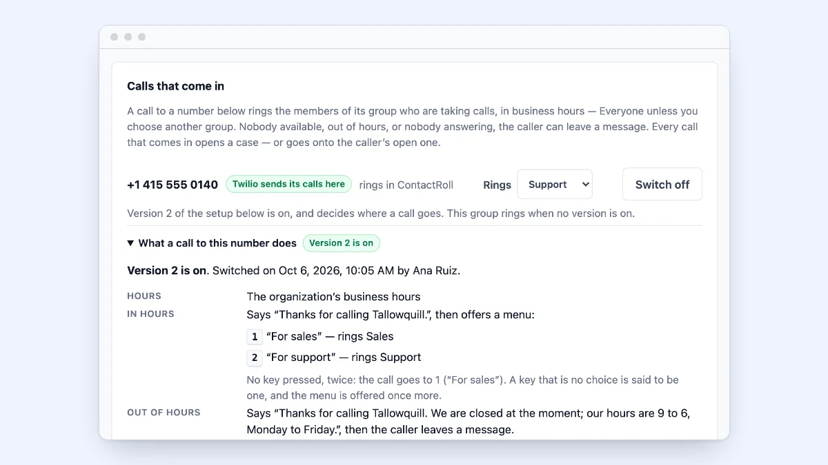 A number’s setup in Tallowquill Support, version 2 switched on by Ana Ruiz: in business hours it says “Thanks for calling Tallowquill.” and offers a menu, 1 for sales and 2 for support, each ringing its call group; out of hours it gives the hours and takes a message.