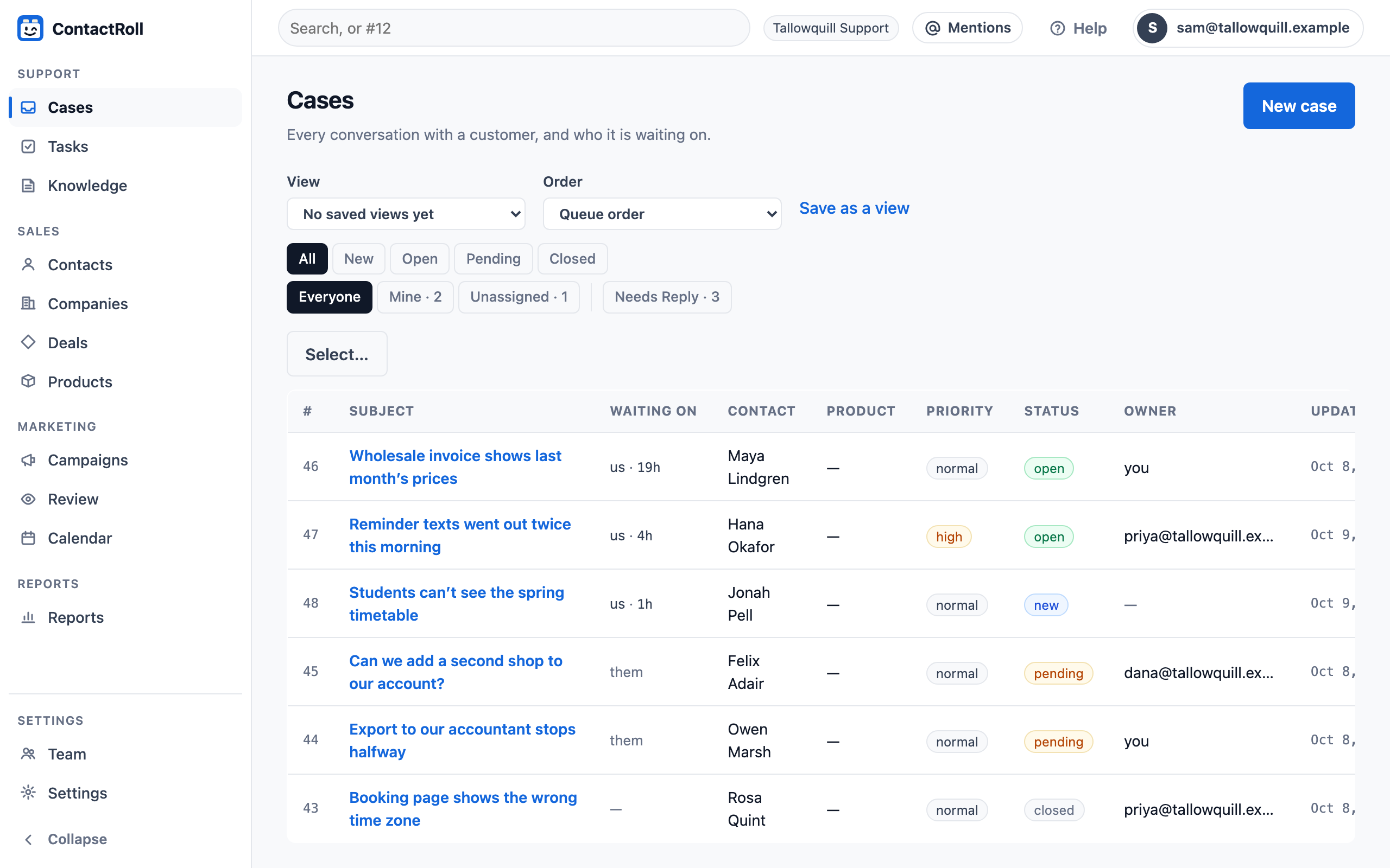 ContactRoll in Tallowquill Support: every section in groups — Support, Sales, Marketing, Reports and Settings — in a sidebar at a desk and in a menu on a phone, beside the case queue.