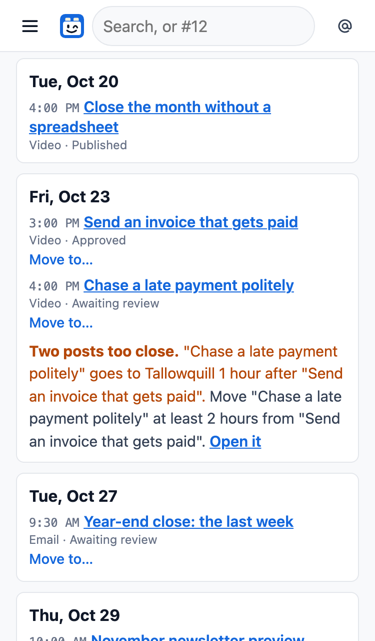 Tallowquill Support’s marketing calendar on a phone: the month’s planned pieces, each on its day with its time and status.