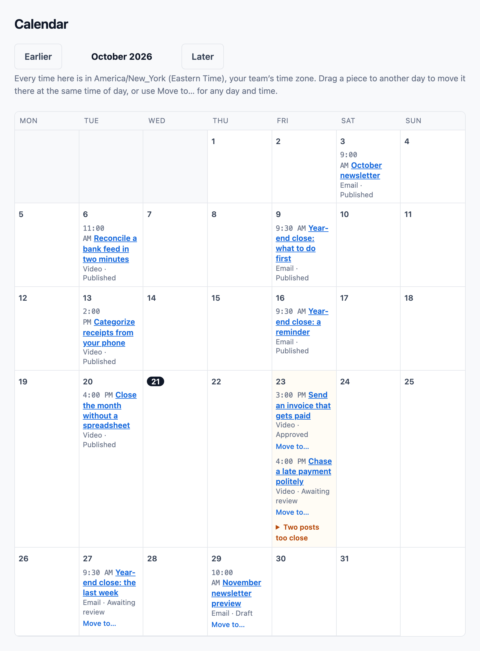 Tallowquill Support’s marketing calendar for the month. Each planned piece sits on its day with its time, its name, whether it is an email or a video, and its status. A warning in orange reads “Two posts too close” where two videos go to one channel an hour apart.