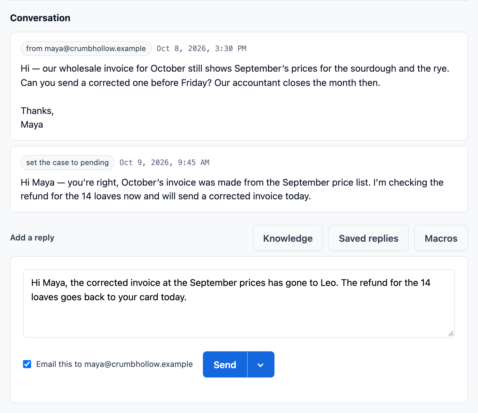 A case’s conversation in Tallowquill Support: Sam’s reply to Maya Lindgren about October’s invoice, and below it the next reply being written, with “Email this to maya@crumbhollow.example” ticked and a Send button.