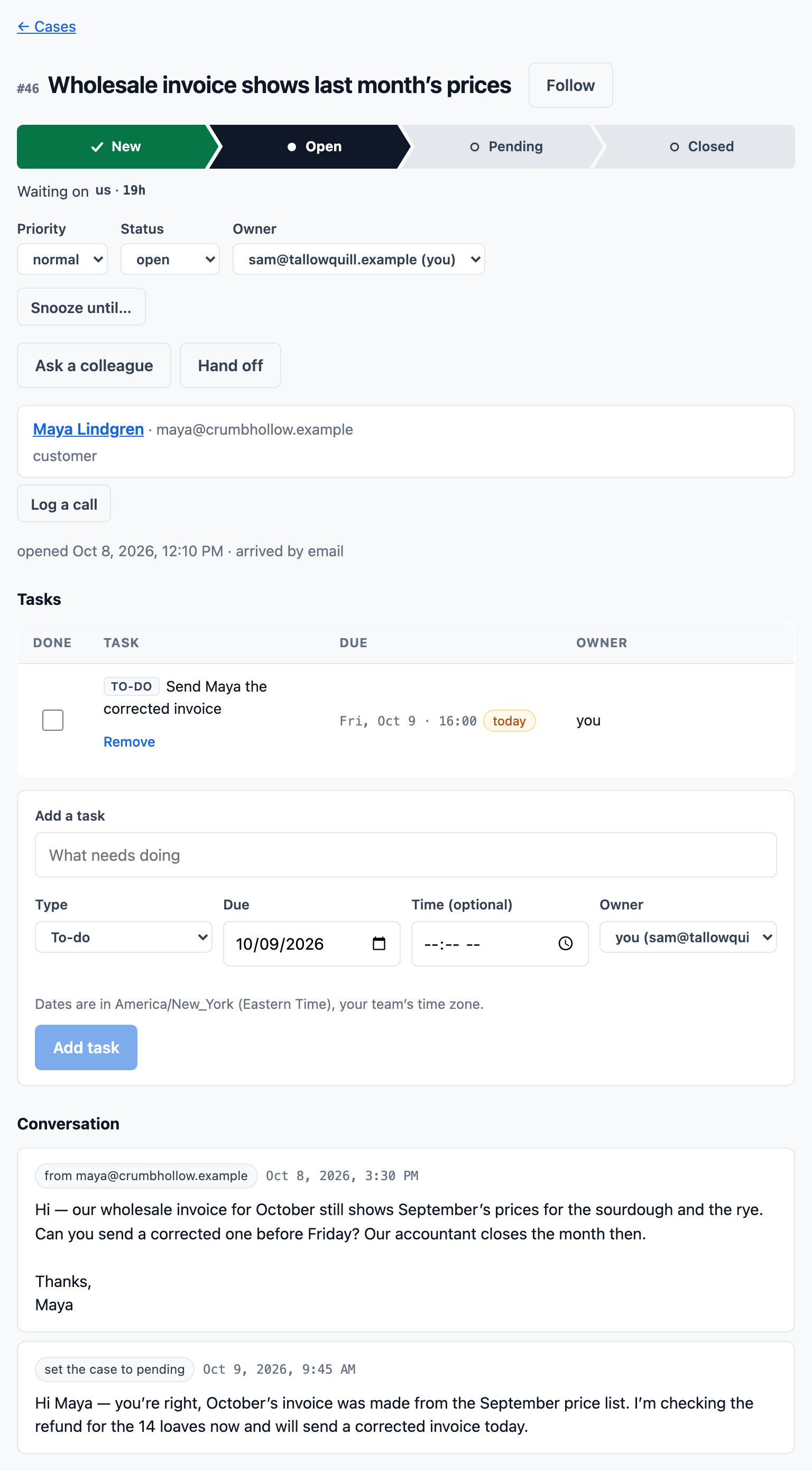 A case in Tallowquill Support, “Wholesale invoice shows last month’s prices”: its status as a bar, who it is waiting on, priority, status and owner, buttons to ask a colleague or hand the case off, the customer, and the conversation below.