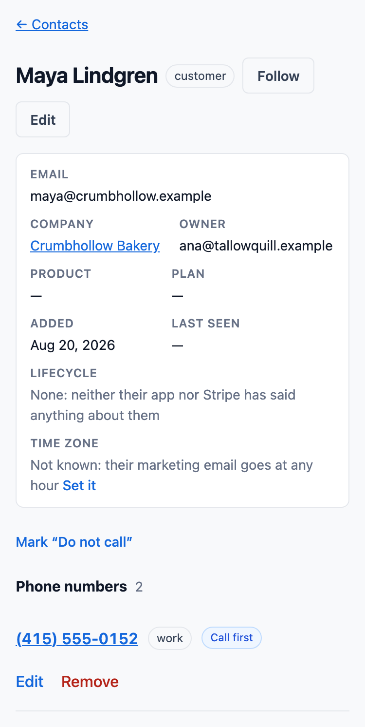 A contact’s page in Tallowquill Support: Maya Lindgren of Crumbhollow Bakery, her email, owner and when she was added, two phone numbers with one marked to call first, and her open case with who it is waiting on.