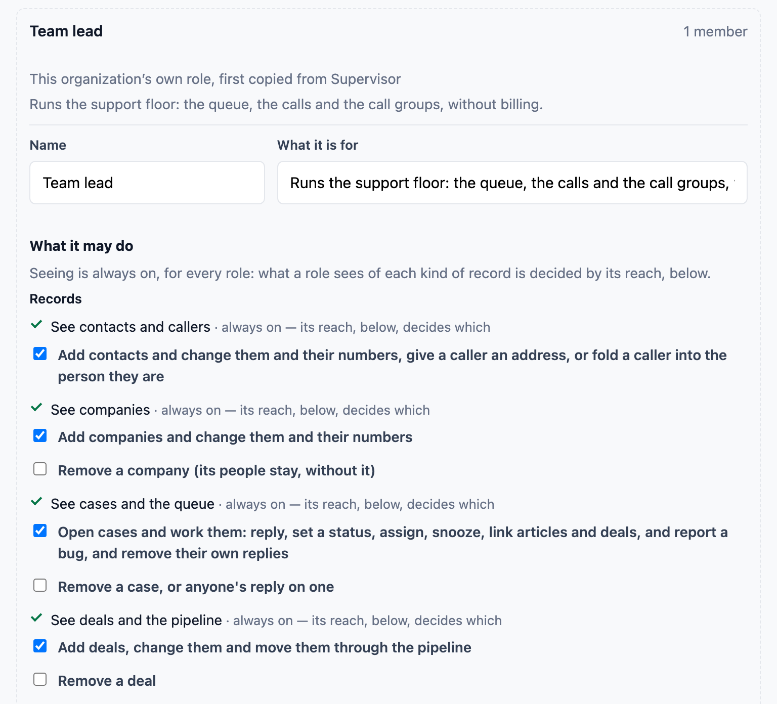 The editor for a role Tallowquill Support made itself, Team lead, first copied from Supervisor: its name, the sentence saying it runs the support floor without billing, and what it may do, with seeing each kind of record always on and each change or removal a box to tick.