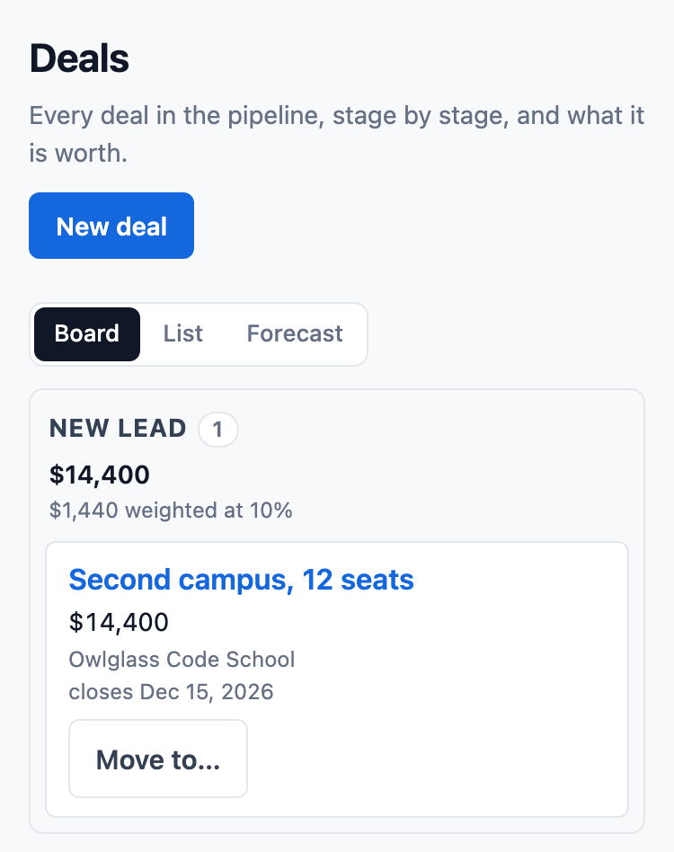 Tallowquill Support’s deals, stage by stage from New lead to Lost: each stage headed by how many deals it holds and their total, each open stage also by that total weighted by its chance of winning, and each deal with its amount, company, close date and a Move to button.