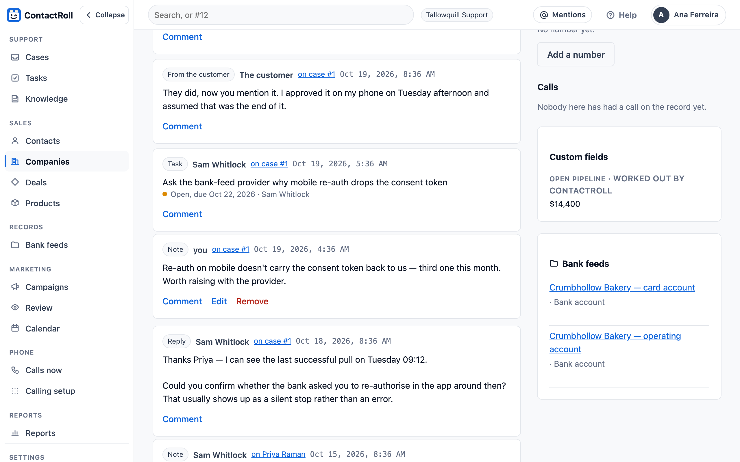 Crumbhollow Bakery’s company page: beside its timeline, a custom field Open pipeline, worked out by ContactRoll, reads $14,400, and a Bank feeds panel lists its two bank feeds, each linked as its bank account.