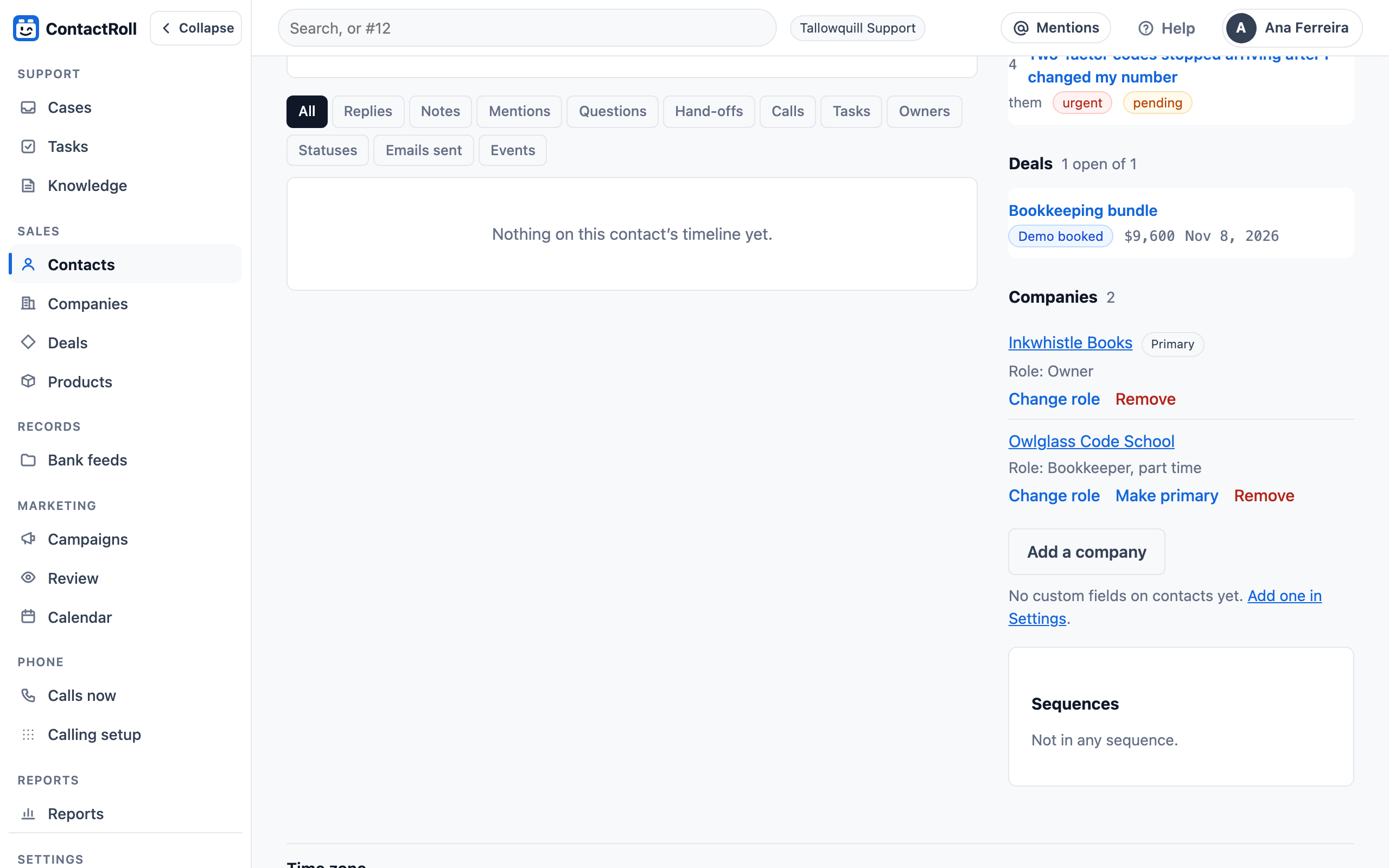 Marcus Lund’s contact page: under Companies, two links, Inkwhistle Books marked Primary with the role Owner, and Owlglass Code School with the role Bookkeeper, part time, each with Change role.