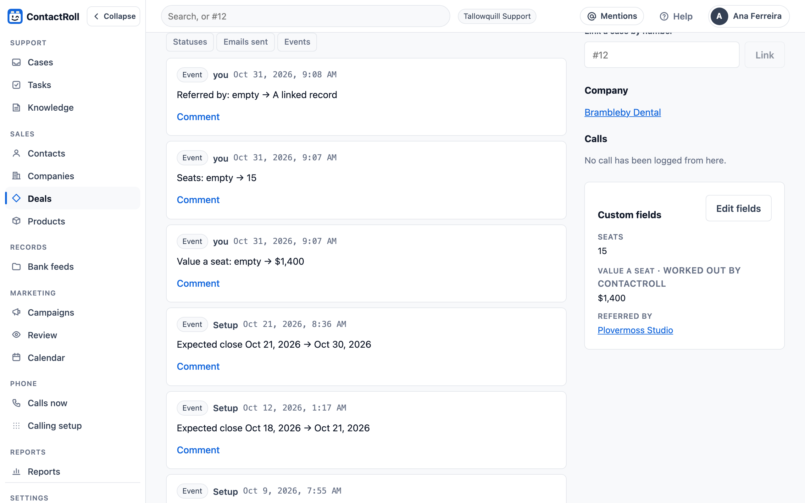 The deal Three surgeries, one account: its custom fields read Seats 15, Value a seat $1,400, worked out by ContactRoll, and Referred by Plovermoss Studio as a link; the timeline beside them shows each value being set.