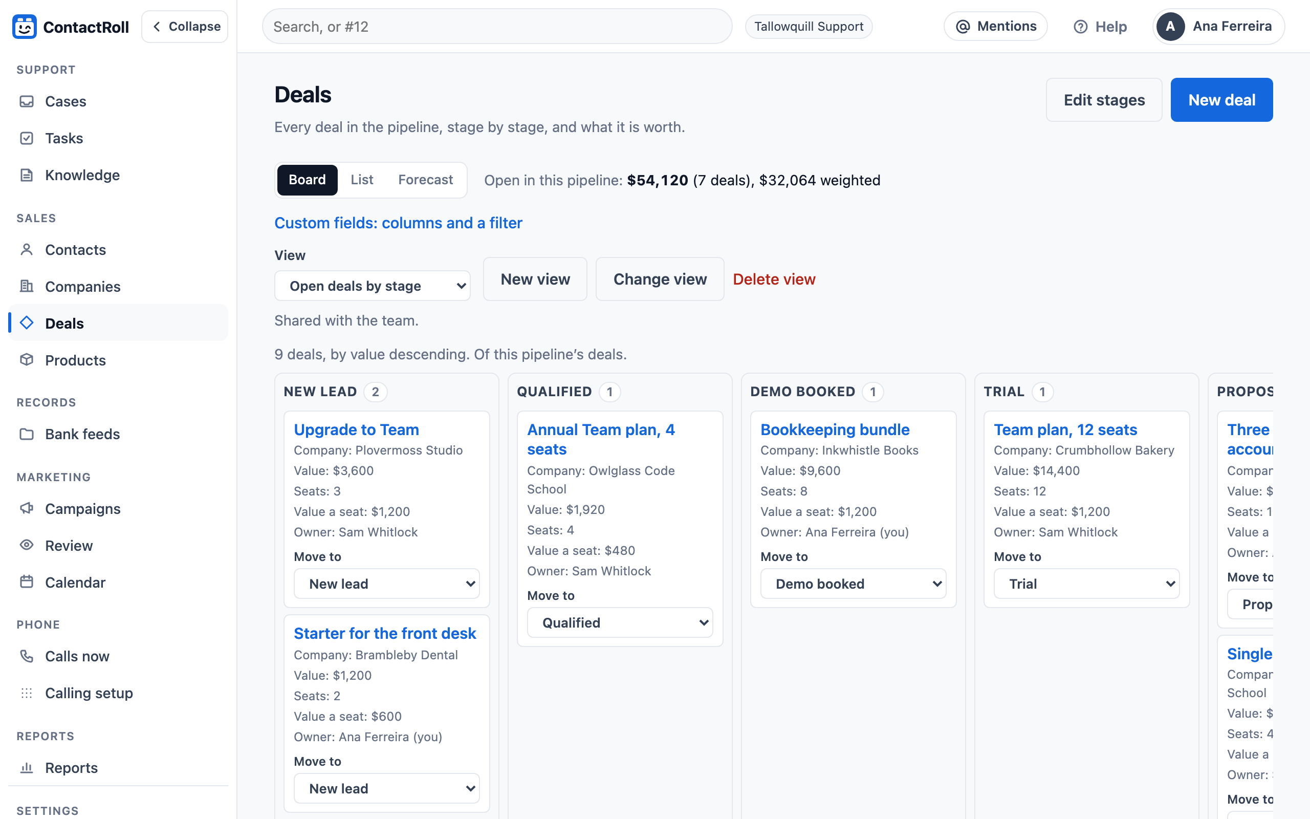 The deals page with a shared view called Open deals by stage chosen: a board with a column for each stage, each card showing its company, value, seats, value a seat and owner, and a Move to choice.