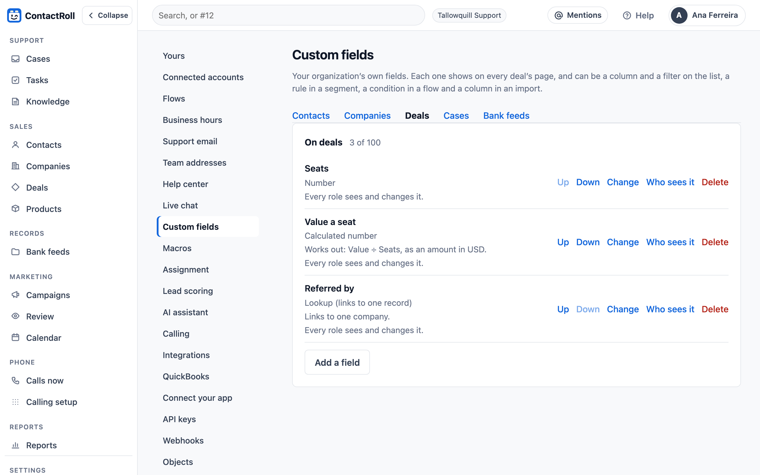The custom fields settings, on the Deals tab: Seats, a number; Value a seat, a calculated number that works out Value divided by Seats as an amount in USD; and Referred by, a lookup that links to one company. Each says every role sees and changes it.