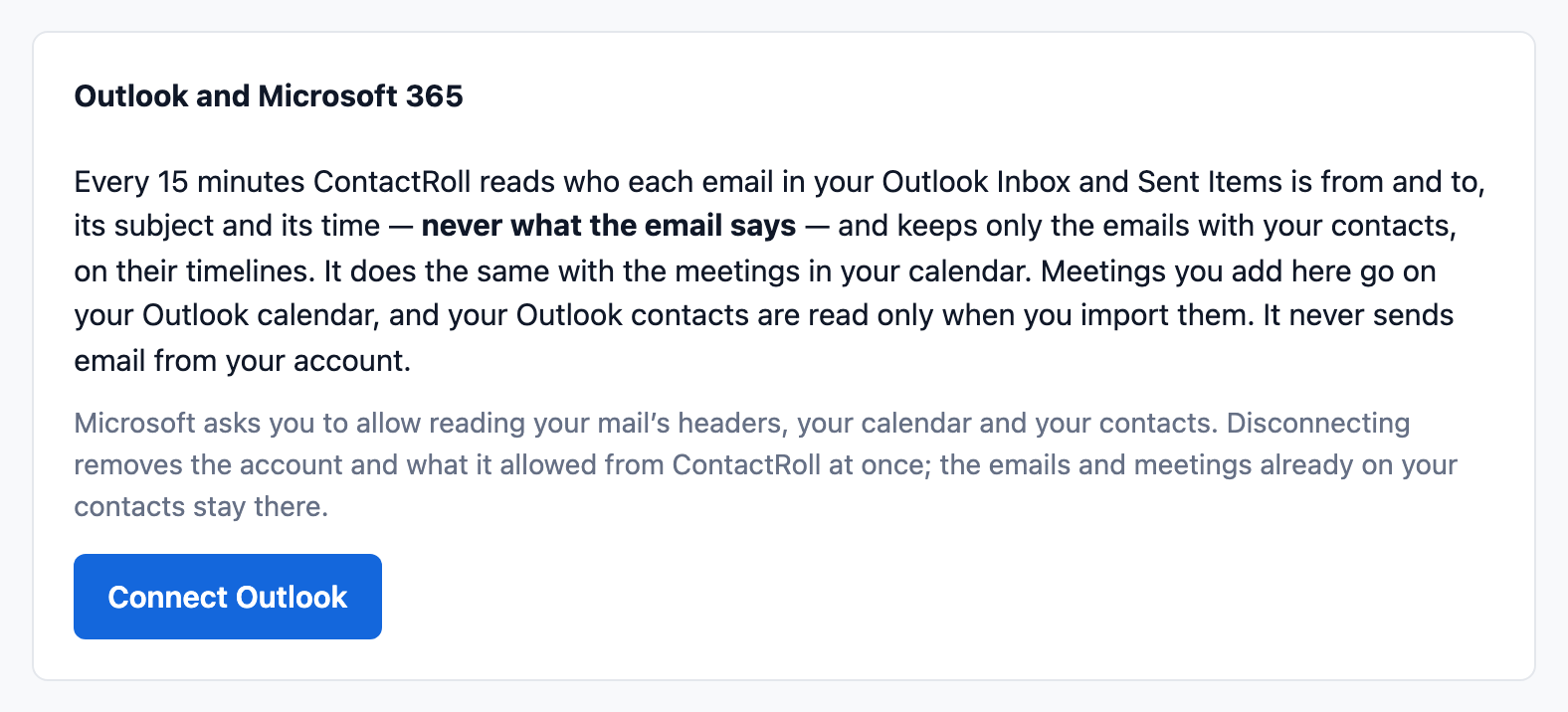 The Outlook and Microsoft 365 card on our test system: every 15 minutes ContactRoll reads who each email is from and to, its subject and its time, never what the email says, keeps only those with your contacts, and never sends email from your account; with a Connect Outlook button.