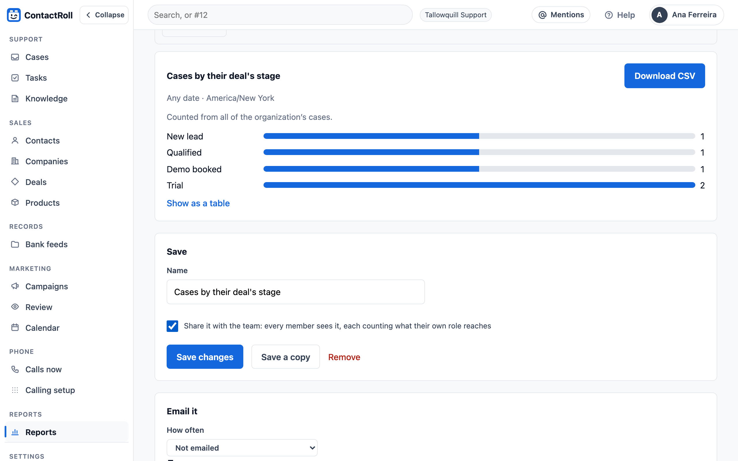 A saved report, Cases by their deal’s stage, drawn as a bar chart: one case at New lead, one at Qualified, one at Demo booked and two at Trial, with Download CSV, Show as a table, and its save and share settings below.