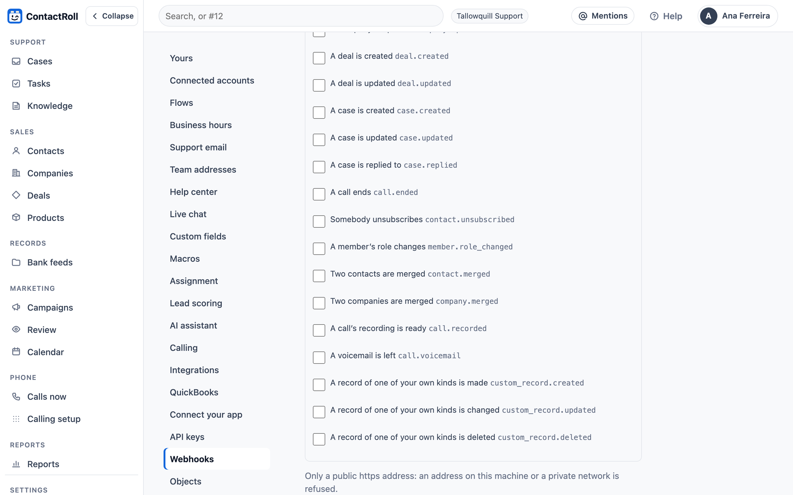 The webhooks settings: adding an endpoint, its address and what it is, and the events it hears, from a contact being created to a record of one of your own kinds being made, changed or deleted, each with its event name.