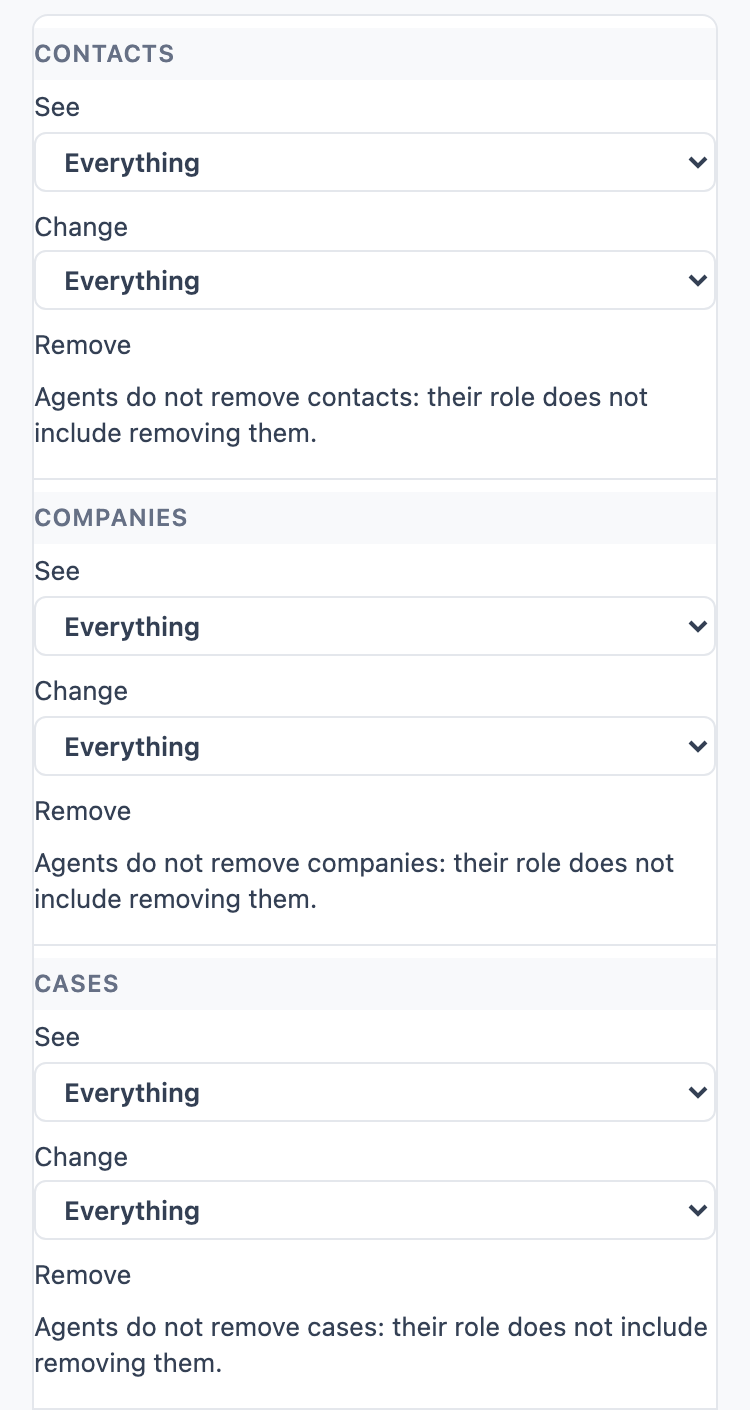 “What each role sees” in the roles settings, on a phone: for the Agent role, contacts, companies, cases and deals, each with what the role may see and change.