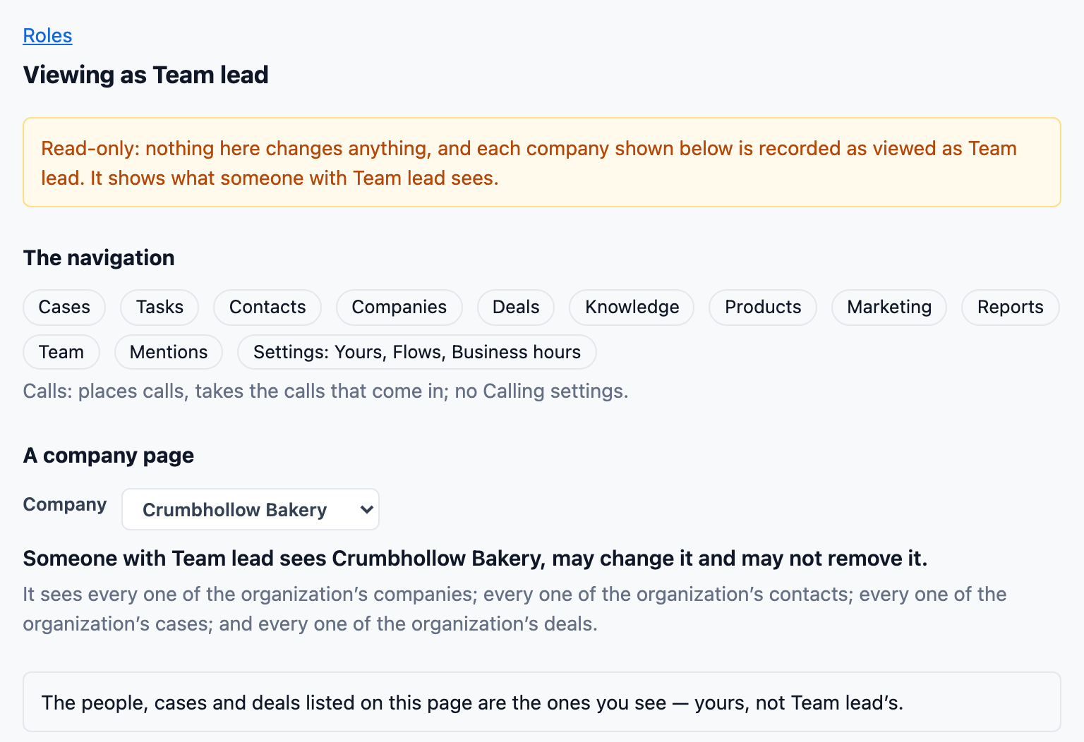 Previewing the Team lead role: a read-only notice, the navigation that role would have, what it does with calls, and Crumbhollow Bakery’s company page with what Team lead may see and change on it.