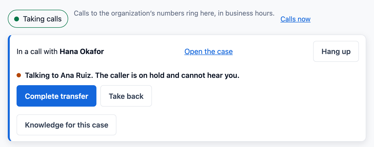 The calling bar during a warm transfer: in a call with Hana Okafor, Sam is talking to Ana Ruiz while the caller is on hold and cannot hear, with buttons to complete the transfer or take the caller back, beside the case queue.